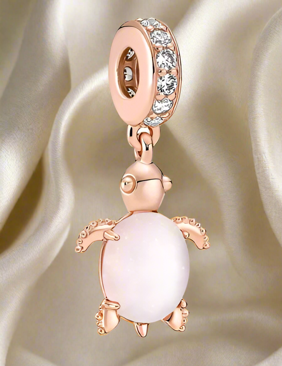 Rose Gold Murano Glass Pink Sea Turtle Dangle Charm