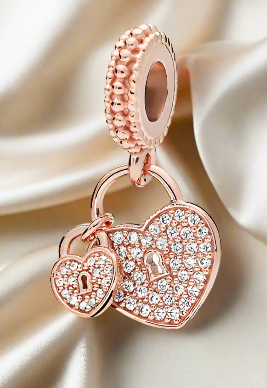 Rose Gold Pave Heart Padlocks Dangle Charm