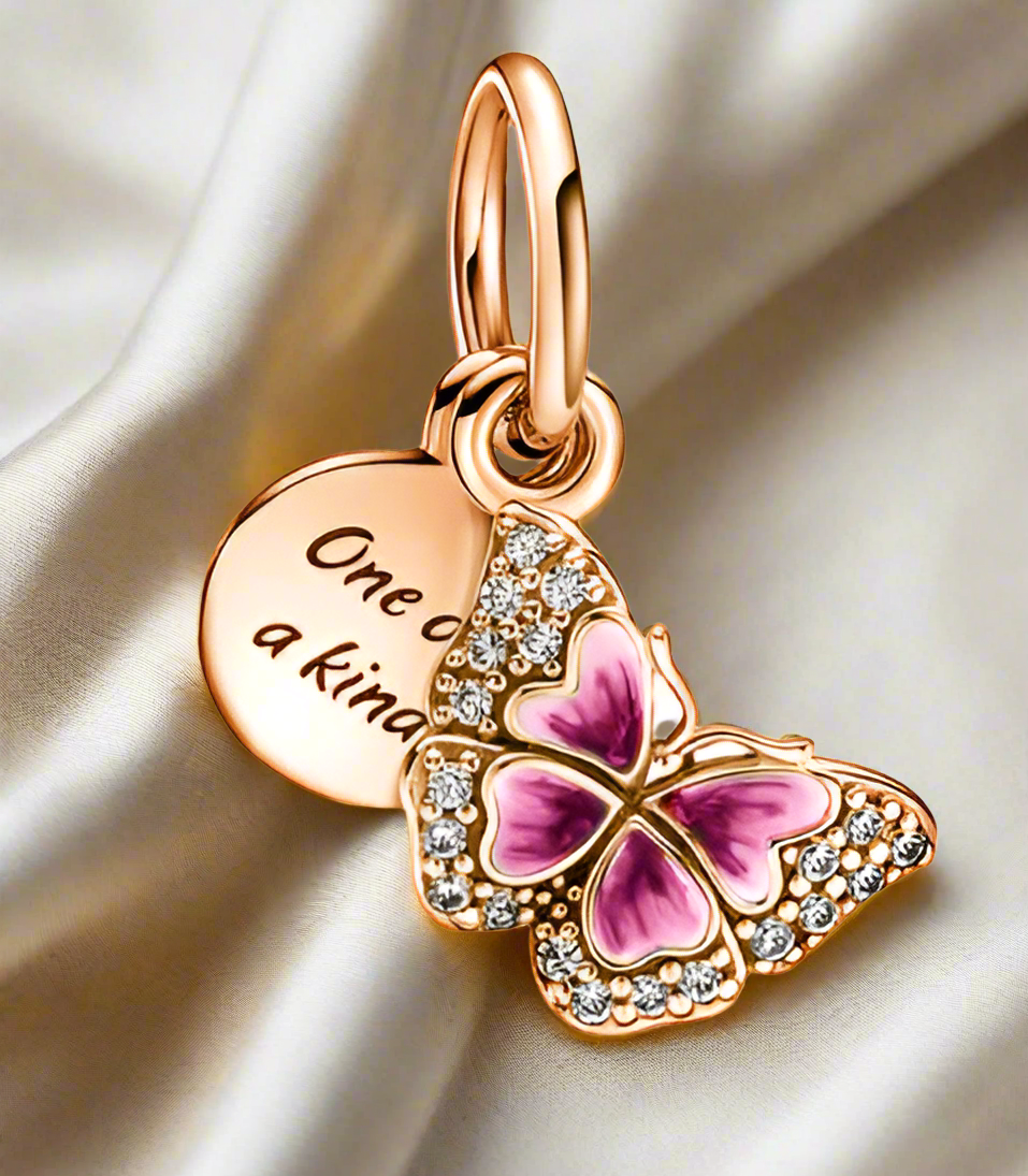 Rose Gold Pink Butterfly & Quote Double Dangle Charm