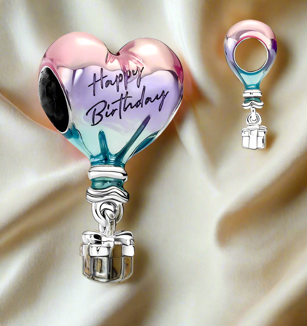 Silver Happy Birthday Hot Air Balloon Charm