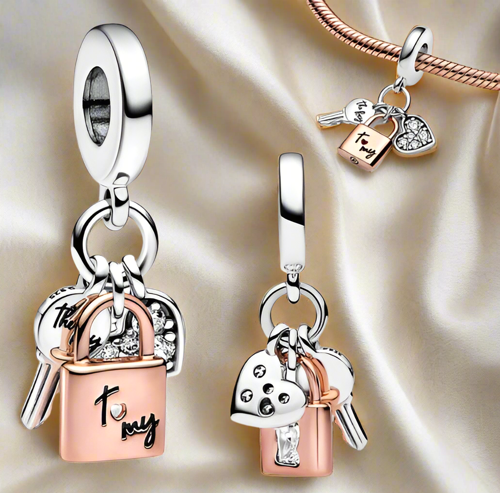 Two-tone Key, Padlock & Heart Triple Dangle Charm