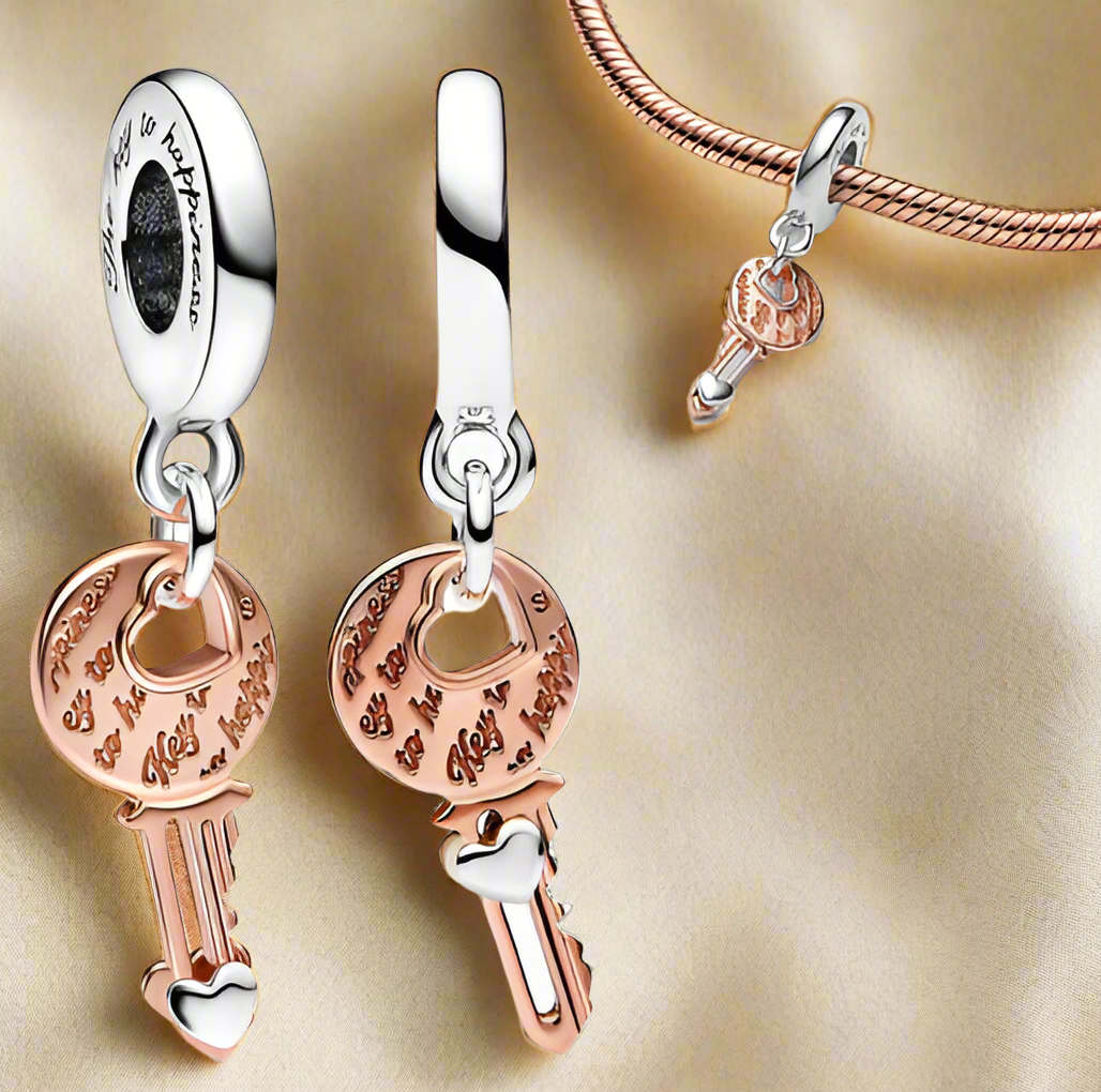 Two-tone key & Sliding Heart Dangle Charm