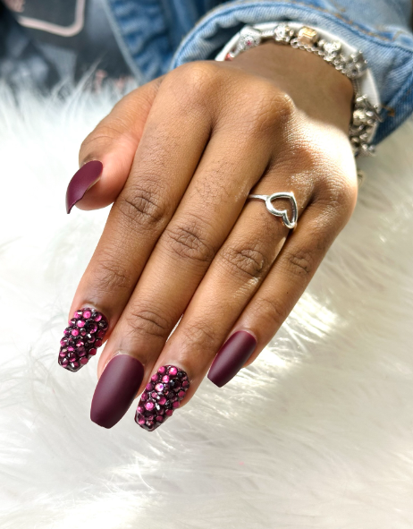 Solid Burgundy with Bling Accent Nails