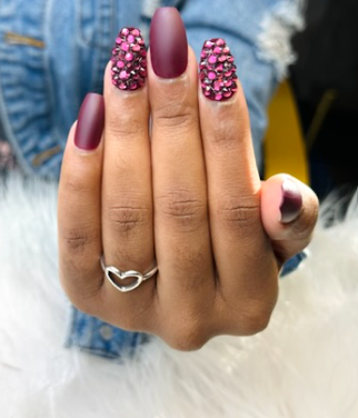Solid Burgundy with Bling Accent Nails