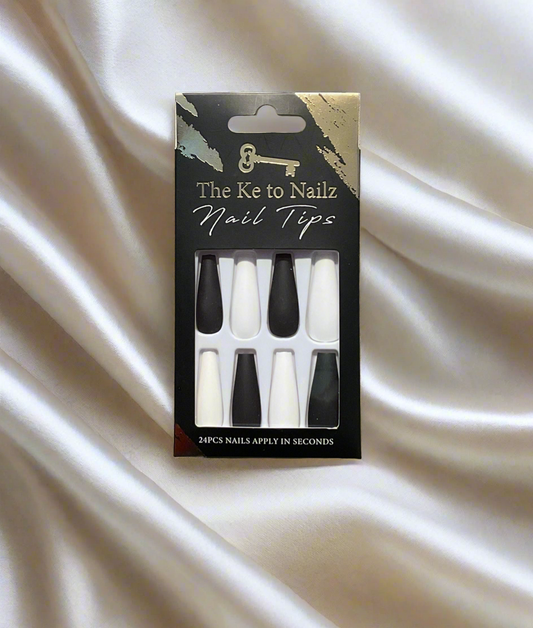 Matte Black & Glossy White Press-On Nails – 24 Piece Set