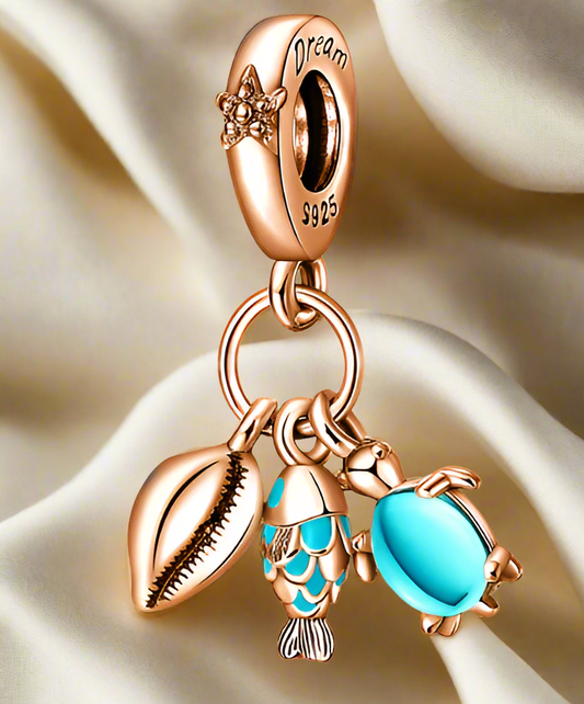 Rose Gold Fish, Sea Turtle & Conch Triple Dangle Charm