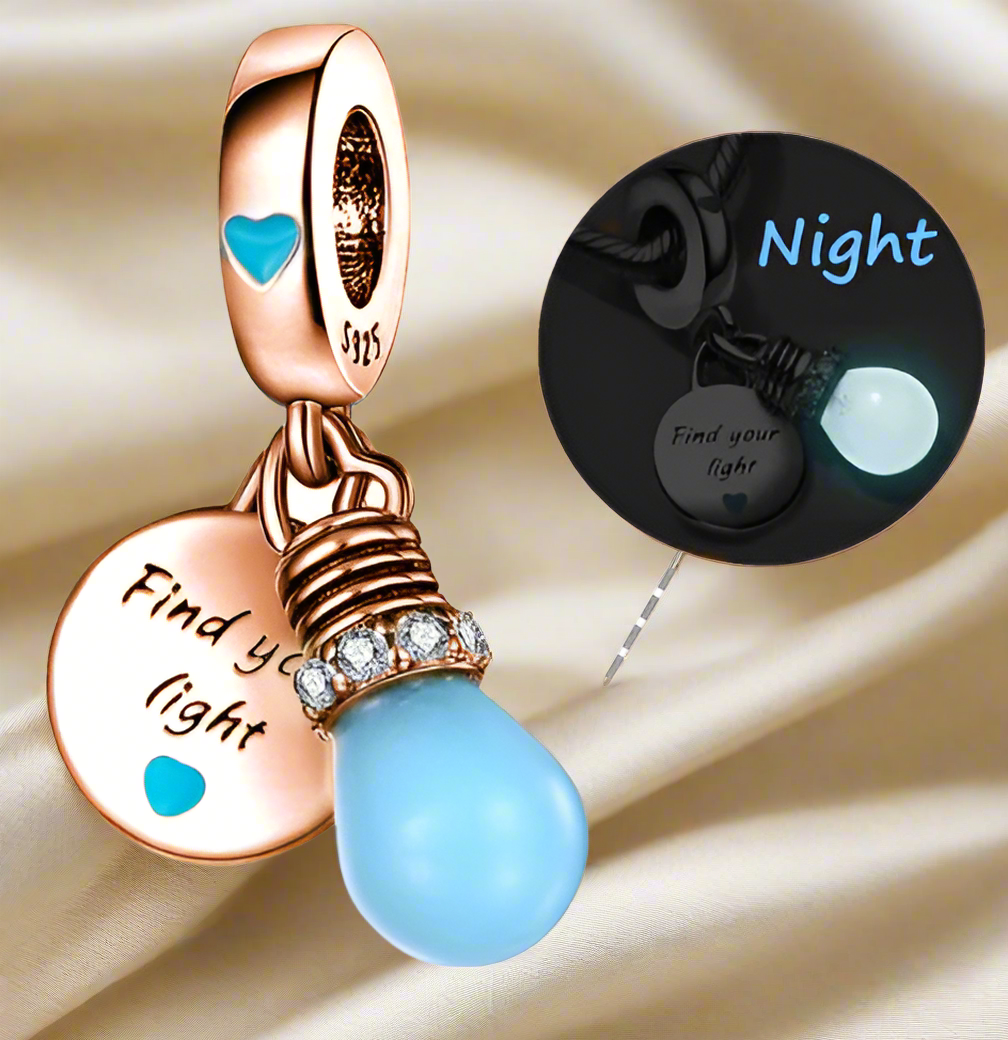 Rose Gold Glow in the Dark light Bulb Double Dangle Charm