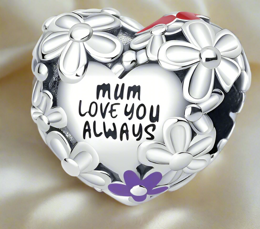 Silver Mom Daisy Heart Charm