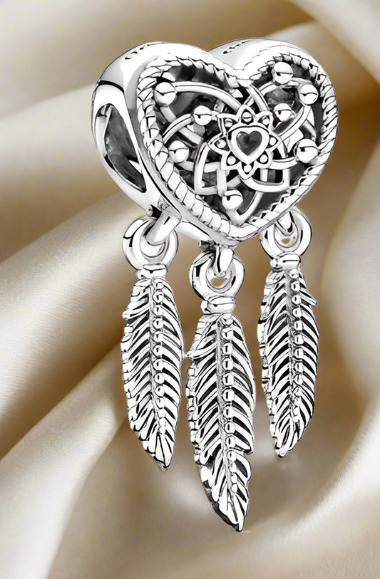 Silver Openwork Heart & Three Feathers Dreamcatcher Charm
