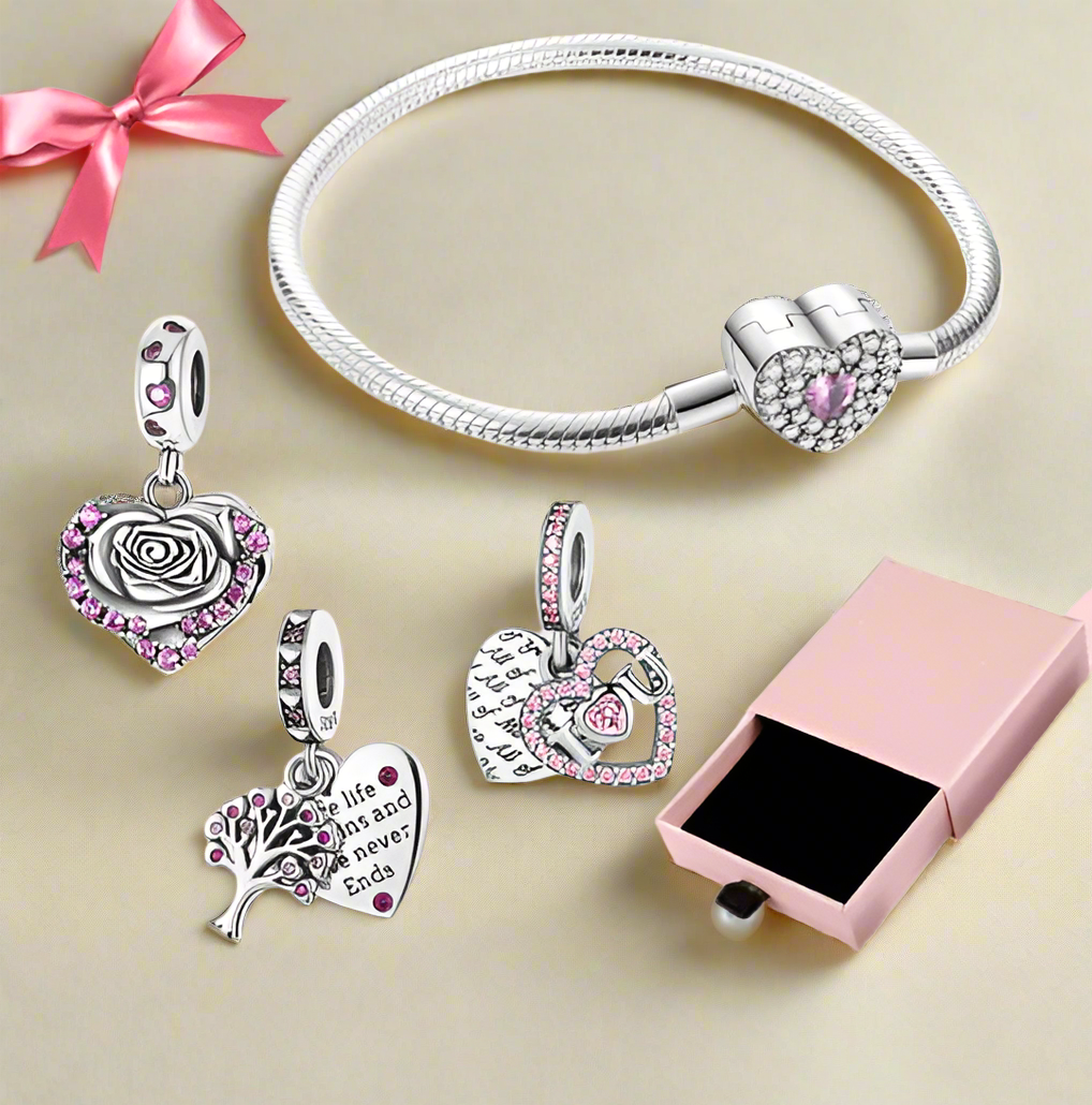 Silver 3 Hearts Dangle Charm Bracelet Set