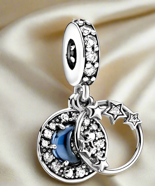 Silver Blue Night Sky Crescent Moon & Stars Dangle Charm