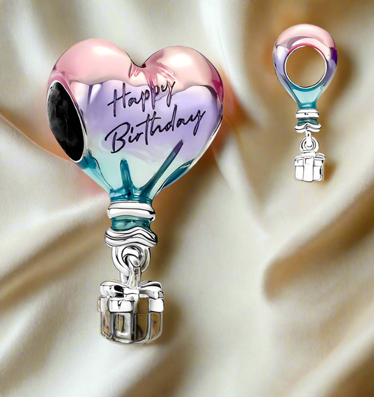 Silver Happy Birthday Hot Air Balloon Charm