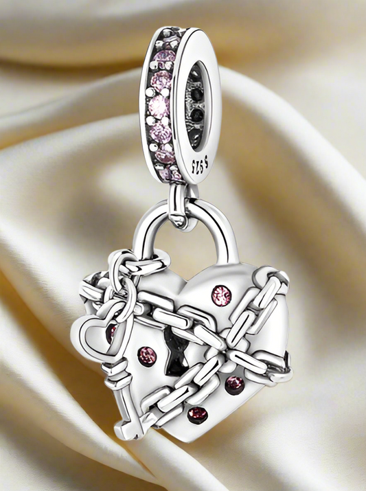 Silver Heart Wrapped in Chain with a Key Charm