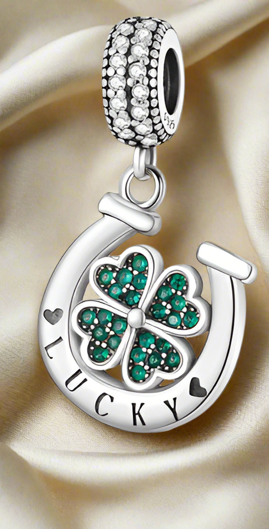 Silver Lucky Clover inside Horseshoe Dangle Charm