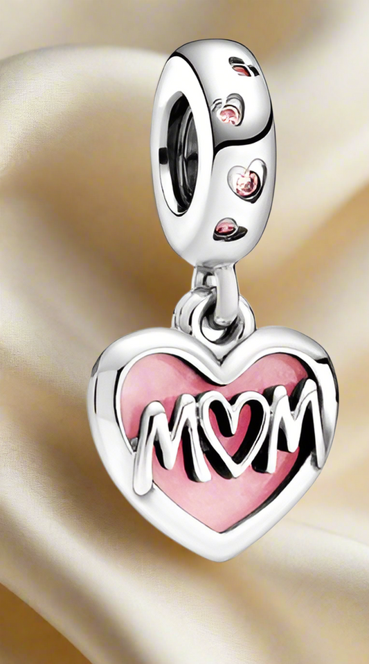 Silver Mom Script Heart Dangle Charm
