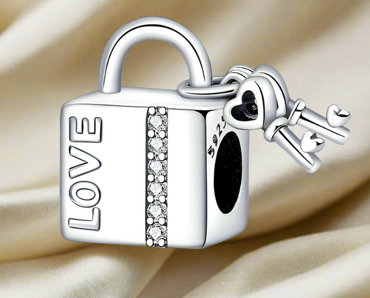 Silver Padlock & Heart Key Charm