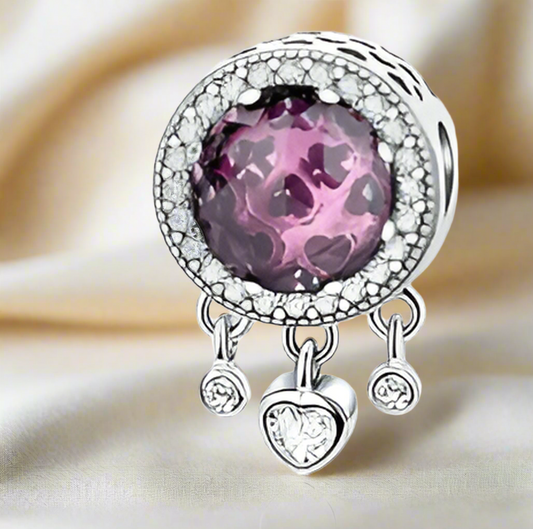 Silver Purple Sparkling Circle with Dangling Hearts Charm