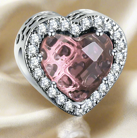 Silver Sparkling Pink Heart Charm