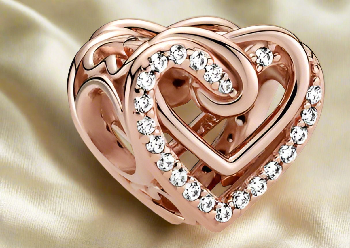 Rose Gold Sparkling Entwined Hearts Charm