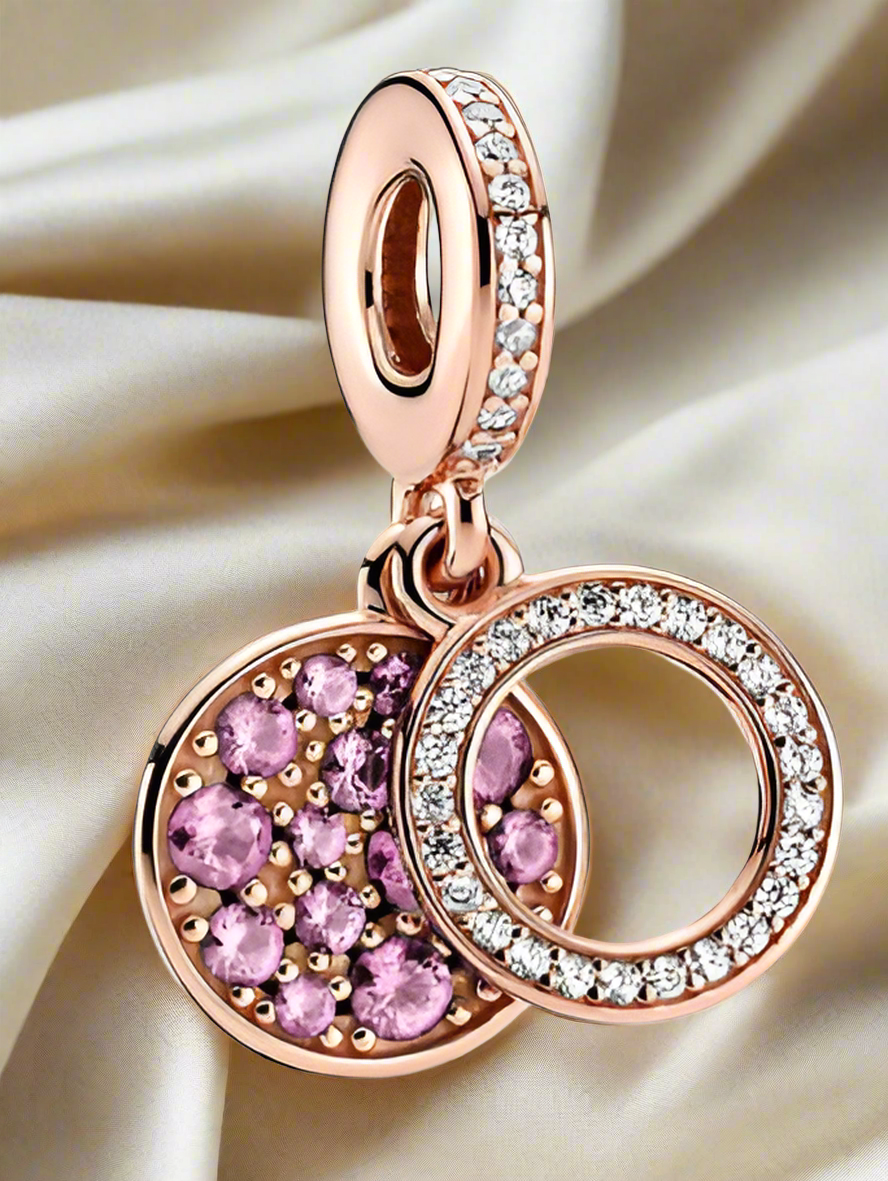 Rose Gold Sparkling Pink Disc Double Dangle Charm