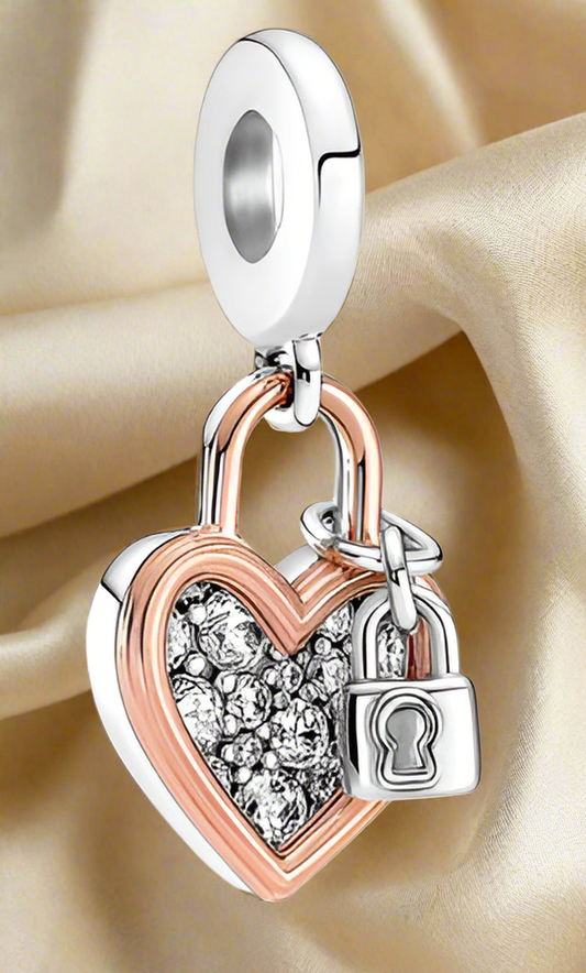Two-tone Heart Padlock Double Dangle Charm