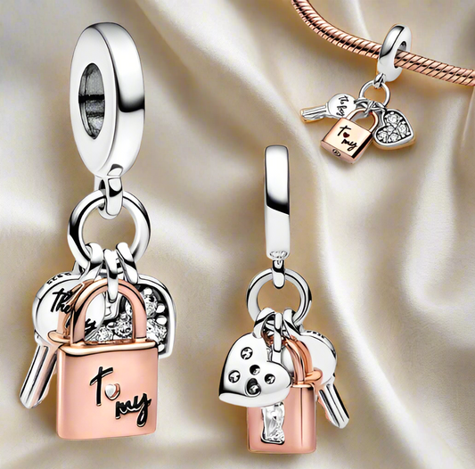 Two-tone Key, Padlock & Heart Triple Dangle Charm